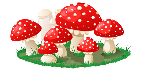 A collection of realistic Amanita muscaria mushrooms growing in a natural forest setting. The mushrooms have bright red caps with distinctive white spots and thick white stems. Some are fully grown wh