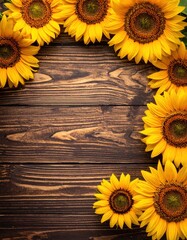Obraz premium Sunflowers arranged in a border pattern around a dark wood background create a rustic, warm, inviting visual space