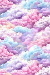 A seamless pattern of soft, puffy clouds, dyed in a pastel palette of pink, blue, and lavender with golden accents