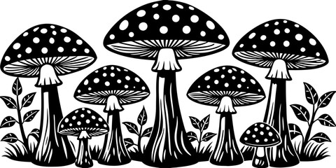 A collection of realistic Amanita muscaria mushrooms growing in a natural forest setting. The mushrooms have bright red caps with distinctive white spots and thick white stems. Some are fully grown wh