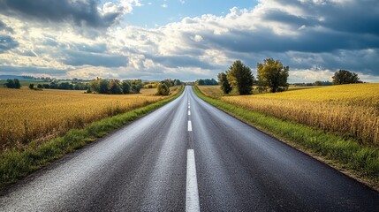 Fototapeta premium Empty road through golden fields under a cloudy sky