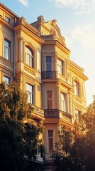 Fototapeta premium Golden-toned historic building facade at sunset, trees below