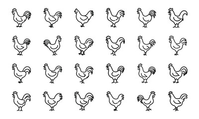 Set of Simple Bird Line Drawings – Black and White Outline Illustrations of Chickens, Ducks, Flamingos, Pigeons, and Farm Birds