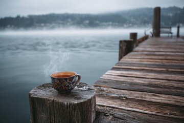Naklejka premium A serene lakeside dock with a steaming cup of herbal tea placed on a wooden post. Mist drifts over the water. The mood feels quiet and meditative
