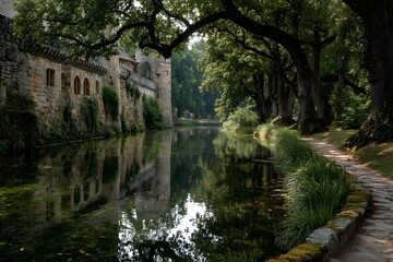 Moat embraces stone castle calm water reflects peaceful tree-lined bank walkway serenity