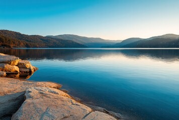 Serene view of a tranquil lake reflecting the clear blue sky and forested hills in the background, with rocky shoreline in the foreground