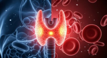 Thyroid gland illustration with blood cells and digestive system elements
