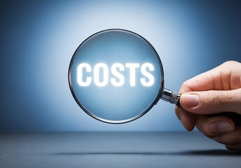 Business Costs Analysis with Magnifying Glass on Blue Background.