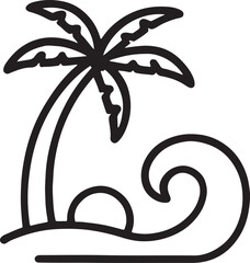 Palm tree with beach wave line outline art, tropical decorative vector design for summer themes.