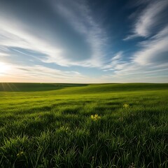 A vast, grassy plain stretches under a vibrant, sunlit sky, showcasing rolling hills and a serene atmosphere.