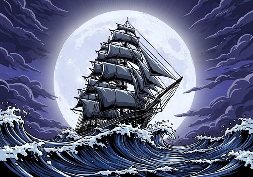 Photo of a pixel art illustration of a majestic sailing ship navigating a turbulent sea under a bright full moon, creating a dramatic and adventurous scene