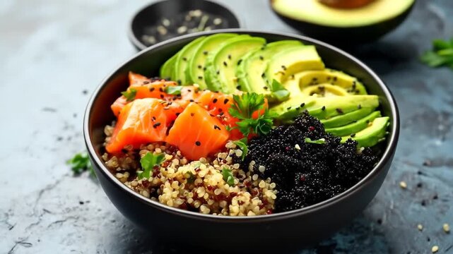 Colorful Salmon Avocado Quinoa Bowl.