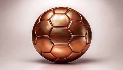 A shiny copper soccer ball with detailed hexagonal and pentagonal panels on a soft pink background