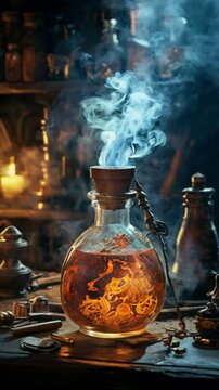 Smoke rising from a bottle filled with an enigmatic potion in an alchemist's lab.