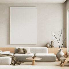 Modern interior with mock up poster frame and neutral sofa. 3D illustration