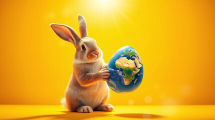 Cute cartoon rabbit holding a colorful globe in a bright, cheerful yellow background.