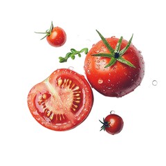 Juicy Ripe Tomatoes Whole Halved And Cherry Tomatoes With Water Droplets Isolated On White Healthy Organic Food