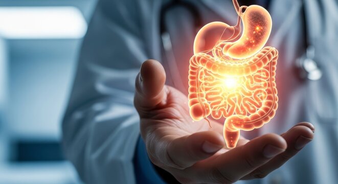 Doctor holding glowing digestive system model in hand showing stomach colon