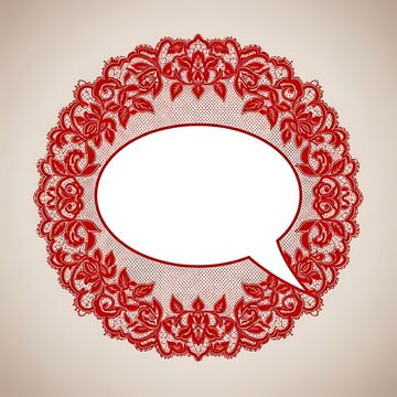 Ornate red lace frame surrounds an empty speech bubble, creating a decorative and vintage-inspired graphic design.