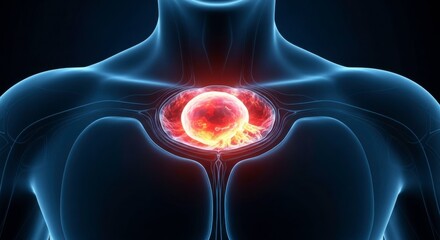 Glowing red sphere in chest of blue human figure with dark background image