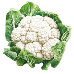 Fresh Whole Cauliflower Head with Green Foliage Isolated Healthy Organic Vegetable Produce