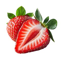 Juicy Red Strawberries: Freshly Picked, Sliced Strawberry with Green Leaves, High-Resolution Image, Perfect for Food Blogs and Recipes