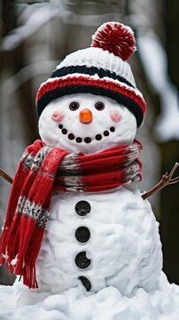 Snowman that is wearing a scarf and hat.