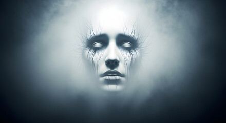 An eerie and haunting depiction of a ghostly apparition emerging from a mystical fog