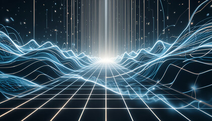 Abstract digital landscape with glowing blue waves and grid lines, representing data flow and connectivity in a futuristic network