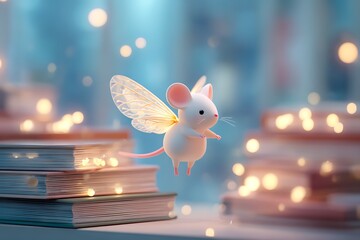 Whimsical fairy mouse with glowing wings floats among books, perfect for children's stories and magical designs