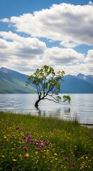 A solitary, vibrant tree stands gracefully in a tranquil lake setting, surrounded by a colorful meadow of wildflowers under a vast sky dotted with fluffy clouds.