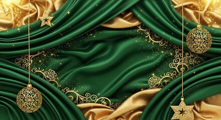 Luxurious Christmas backdrop with emerald green and gold silk fabric, adorned with decorative ornaments and sparkling accents.