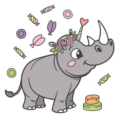 SVG art: A Curious Rhino in a Birthday vibe with with a flower crown, tinted with Candy Shop tones