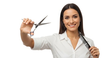 A hairstylist holding scissors and a comb, ready to create a new style. She's wearing a white shirt and smiling at the camera. The scene is shot in a studio setting