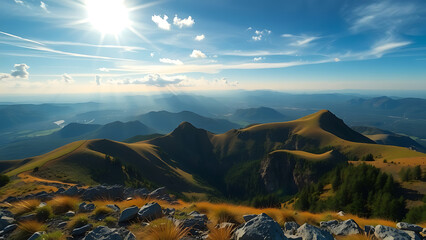 A stunning panoramic view of a rugged mountain range under a bright blue sky, a majestic and powerful natural landscape.