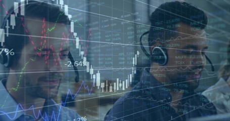 Analyzing data, two professionals wearing headsets working at office desk, with monitors, charts