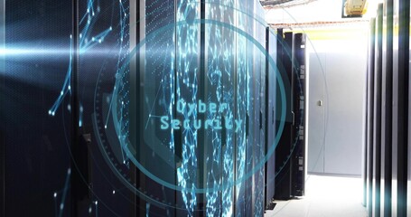 Glowing server racks streaming data visuals in data center corridor, with Cyber Security hologram