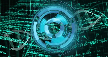 Displaying holographic interface occupying 40% of width in 3D grid, with DNA helix and code streams