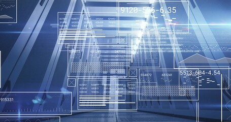 Displaying futuristic hall featuring beams and grid floor at data center, with HUD overlays