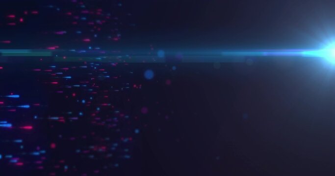 Streaming neon particle streaks across dark void, with glowing bokehlike dots and cyan lens flare