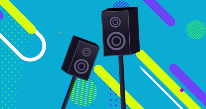 Fototapeta Featuring two black speaker boxes mounted on slender stands against blue backdrop, with neon shapes