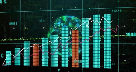 Displaying dashboard at holographic UI, with turquoise orange bars, white magenta lines, globe grid