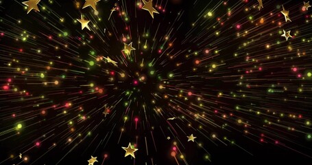 Fototapeta premium Radiating golden star shapes and multicolored light particles in black space, with light streaks