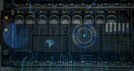 Server rack processing data in data center, with drive bays, circuit boards and digital overlay