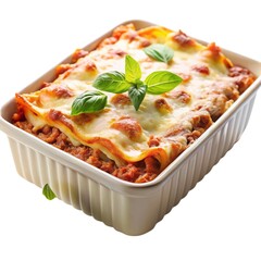 Delicious Homemade Lasagna in Rustic Ceramic Baking Dish, Creamy Cheese Topping, Fresh Basil Garnish, Italian Cuisine