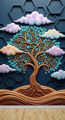 A captivating 3D rendering of a decorative tree, adorned with intricate swirls and teal leaves, nestled amidst pastel-colored clouds, set against a dark blue wall with hexagonal patterns.