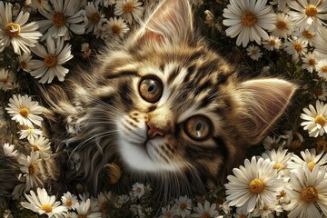 Cat into the daisy flowers top view