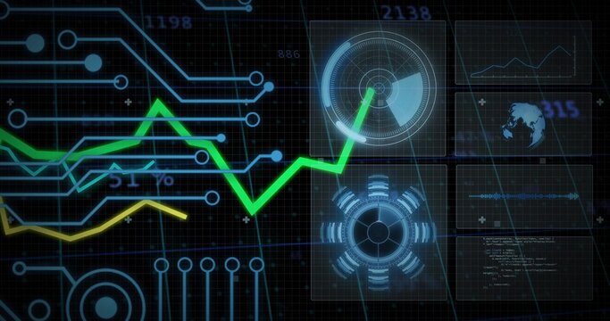 Showing green rising line crossing yellow line in blue circuit grid, with panels showing radar dial