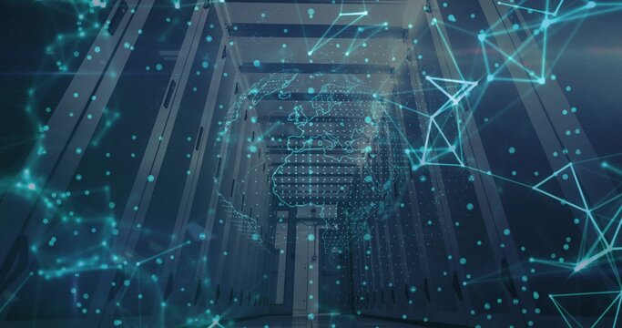 Projecting digital network globe hologram floating down server room aisle, with glass-fronted racks - Powered by Adobe