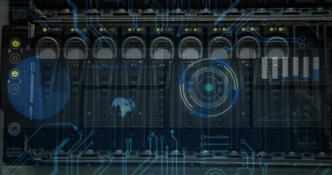 Server rack processing data in data center, with drive bays, circuit boards and digital overlay